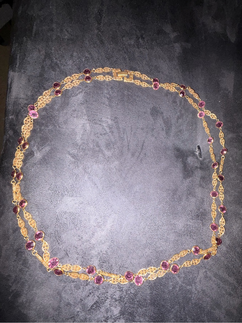 Vintage Gold Tone Filigree Station Necklace with Purple Amethyst Bezel Gemstones